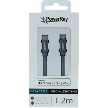 PowerRay USB-C – Lightning MFi-tanúsított fonott kábel 1,2m szürke PR-DCCL120TGY