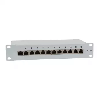IT-BUDGET 10 inch patch panel - árnyékolt - Cat.6A - 500MHz - 12 port RJ45 - PoE+ képes - 1U - szürke (90ITB10PP6AG)