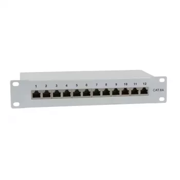 IT-BUDGET 10 inch patch panel - árnyékolt - Cat.6A - 500MHz - 12 port RJ45 - PoE+ képes - 1U - szürke (90ITB10PP6AG)