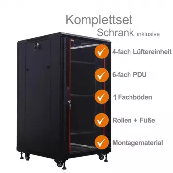 IT-BUDGET 19 inch hálózati szekrény SRK komplett készlet - 18U - 600x600 mm - üveg-/acélajtó - 4 aktív ventilátor - PDU - polcok - előszerelt - fekete 99ITB19SRK1866GSM