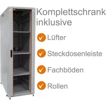 IT-BUDGET 19 inch hálózati szekrény SRK - komplett szett - 38U - 600x600 mm - üveg-/acélajtó - 4 aktív ventilátor - PDU - polcok - előszerelt - világosszürke 99ITB19SRK3866GGM