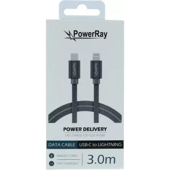 PowerRay USB-C - Lightning fonott kábel 3m textil szürke PR-DCCL300TGY