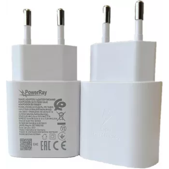 PowerRay PR-TA800EWE 18W USB-C PD fali töltő, EU 2-pin, fehér, ömlesztett