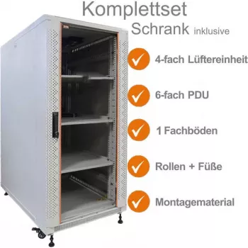 IT-BUDGET 19 inch hálózati szekrény SRK komplett készlet 18U 600x1000mm üveg-/acélajtó 4 aktív ventilátor PDU polcok Flatpack világosszürke 90ITB19SRK18610GG