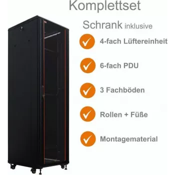 IT-BUDGET 19 inch hálózati szekrény SRK komplett készlet 38U 600x800mm üveg-/acélajtó 4 aktív ventilátor PDU polcok Flatpack fekete 90ITB19SRK3868GS