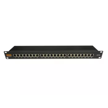 IT-BUDGET 19 inch Cat.6A árnyékolt 24 portos patch panel, rövid kivitel, PoE+ képes, 1U, fekete 90ITBPP6A1S