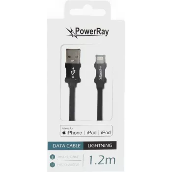 PowerRay PR-DCUL120TBK USB-A - Lightning MFi-tanúsított fonott nylon adat- és töltőkábel, 1,2 m, fekete