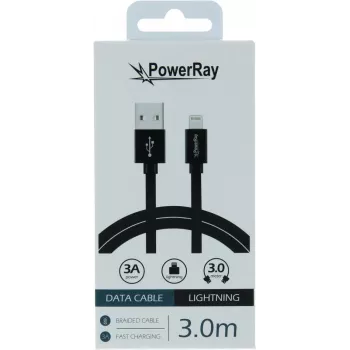 PowerRay USB-Lightning adatkábel 3 m textil fekete PR-DCUL300TBK