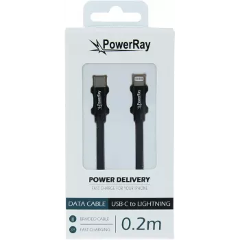 PowerRay PR-DCCL020TBK USB-C - Lightning adatkábel, 0,2 m, textil fekete, buborékcsomagolás