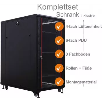 IT-BUDGET 19 inch hálózati szekrény SRK komplett készlet 27U 600x600 mm üveg/tömör ajtó 4 ventilátor PDU polcok Flatpack fekete 90ITB19SRK2766GS
