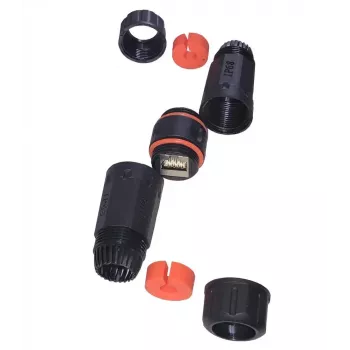 IT-BUDGET vízálló RJ45 csatlakozó IP68 Cat.6A kültéri és ipari használatra - 2 x RJ45 aljzat - fekete (90ITBKK6AIP68)