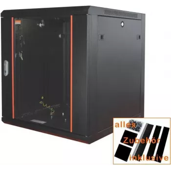 IT-BUDGET 19 inch Network Cabinet SWA - 4U - 570 x 350 mm - Glass Door - Removable Sides - Wall/Floor Mount - Accessory Set - Black (90ITB19WS4635GS)