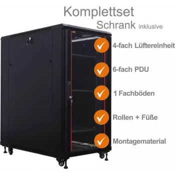 IT-BUDGET 19 inch Network Cabinet SRK Complete Set - 18U - 600x1000 mm - Glass/Solid Door - 4 Active Fans - PDU - Shelves - Flatpack - Black 90ITB19SRK18610GS