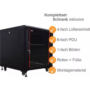 IT-BUDGET 19 inch szerver rack SRK komplett készlet 12U 600x1000 mm üveg-/acélajtó 4 aktív ventilátor PDU polcok előszerelve fekete 99ITB19SRK12610GSM