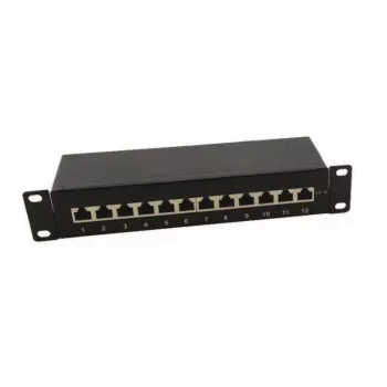 IT-BUDGET 10 inch patch panel - árnyékolt - Cat.6A - 500MHz - 12 port RJ45 - PoE+ képes - 1U - fekete (90ITB10PP6AS)