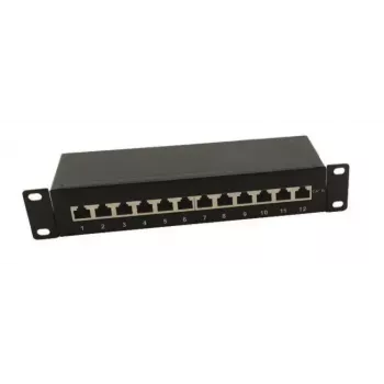 IT-BUDGET 10 inch patch panel - árnyékolt - Cat.6A - 500MHz - 12 port RJ45 - PoE+ képes - 1U - fekete (90ITB10PP6AS)