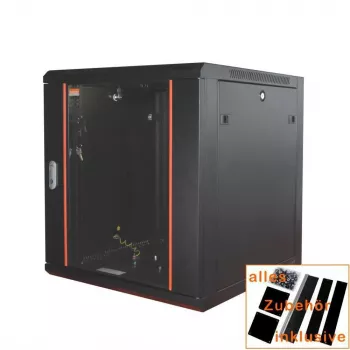 IT-BUDGET 19 inch Network Cabinet SWA - 12U - 570x600 mm - Glass Door - Removable Sides - Wall/Floor Mount - Accessory Set - Black 90ITB19WS1266GS