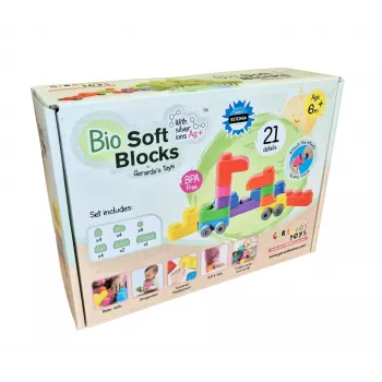 Gerardo's Toys puha építőkockák kerekekkel, 21 darab (15 építőkocka + 6 kerékelem)