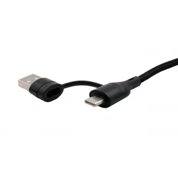 EXSYS EX-K1404 2-in-1 - 3-in-1 USB-C/A - USB-C/Micro B/Lightning nylonfonatos többfunkciós töltő- és adatkábel, 1,2 m, fekete