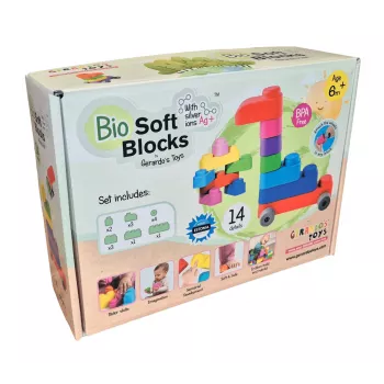 Gerardo's Toys GT3100 puha építőkocka-készlet kerekekkel, 14 darab (10 építőkocka + 4 kerékelem)