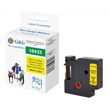 G&G vinil címkézőszalag 19mm x 5,5m fekete sárga alapon Dymo D1-hez RL-D-Vi-18433-BK/YE-19MM*5.5M