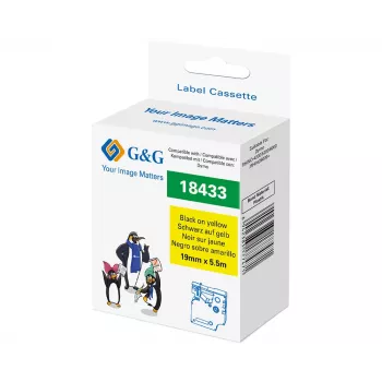 G&G vinil címkézőszalag 19mm x 5,5m fekete sárga alapon Dymo D1-hez RL-D-Vi-18433-BK/YE-19MM*5.5M