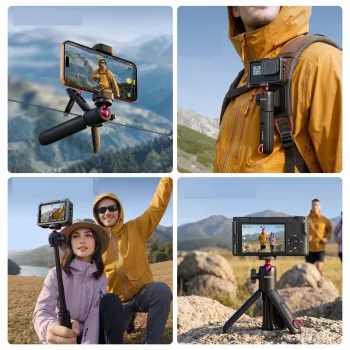 ULANZI MT-55 4 az 1-ben mini állvány szelfibot markolat hátizsák klipsz gömbfejjel, 1/4 inch csavar, telefontartó 60-85mm, alumíniumötvözet, fekete