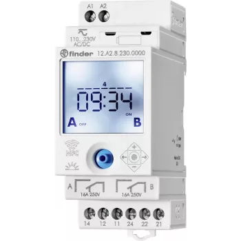 Finder 12A200240000 digitális csillagászati időkapcsoló, 2 csatornás, napi/heti/csillagászati/ünnepnapi/impulzus programok, DIN-sín, 230 V AC, 16 A