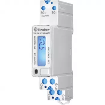 Finder 7M.24.8.230.0001 egyfázisú digitális energiamérő, 230 V AC, 5(40) A, 1. osztály, LCD, S0 impulzuskimenet, DIN-sín, 1 modul, MID nem megfelelő