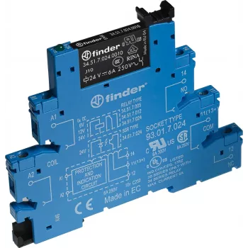 Finder interfész relémodul 38.51.7.024.5050, 24 V DC tekercs, 1 CO érintkező, 6 A, csavaros kapcsok, DIN-sín