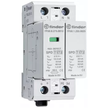 Finder 7P.02.8.275.1012 2-es típusú túlfeszültség-védő készülék, 1-pólusú, 275 V AC, 60 kA, DIN-sín
