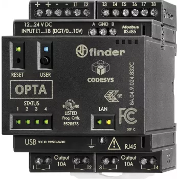 Finder programozható logikai relé (PLR) PLC vezérlőmodul, 24 V DC, 8 digitális bemenet, 4 analóg bemenet, 4 relékimenet, 8 A, LCD-kijelző, DIN-sínre szerelhető, 8A.04.9.024.832C