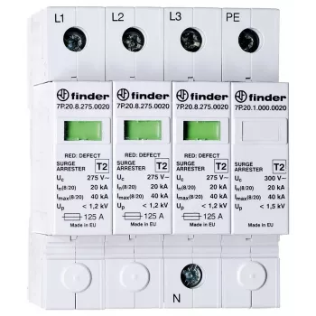 Finder 7P.24.8.275.K110 2. típusú túlfeszültség-védő készülék napelemes rendszerekhez, 3 pólusú, 1100 V DC, 20 kA (8/20 µs), DIN-sín