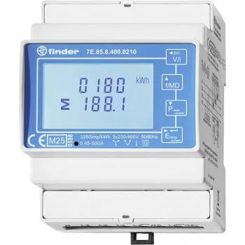 Finder 7E.85.8.400.0212 egyfázisú digitális energiamérő, 230 V AC, 40 A, DIN-sín, 1 modul, S0 impulzus kimenet