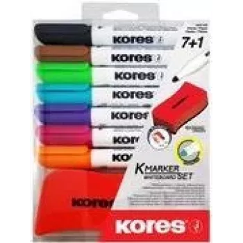 Kores fehértábla-marker készlet, 7 marker + törlő, kerek hegy, 3,0 mm, gyorsan száradó, különböző színek (M20866)