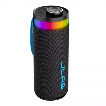 JLab Go Party hordozható Bluetooth hangszóró 20W kimeneti teljesítménnyel, IPX6 vízállóság, 15 órás akkumulátor, beépített mikrofon, fény módok, fekete