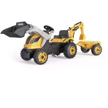 Smoby Builder Max pedálos traktor utánfutóval, sárga