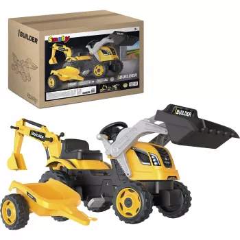 Smoby Builder Max pedálos traktor utánfutóval, sárga