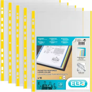 ELBA dokumentumtartó DIN A4 színes szegéllyel, PP, sárga, 0,09 mm, kristálytiszta, felül nyitott, eurolyukasztás, 100 darabos csomag (971619-08)