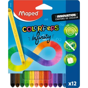Maped COLOR'PEPS INFINITY háromszögletű színes ceruza készlet, 12 különböző szín, 10x tovább tart, 100% pigmentbél, újrahasználható tok 861602
