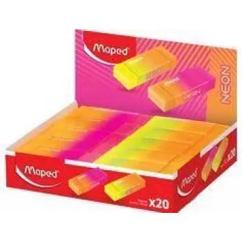 Maped NEON műanyag radír display, 20 darab, neon narancs és neon rózsaszín, kevés port ad, ftalátmentes, PVC-mentes 121901