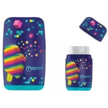 Maped Pixel Party radír és hegyező kombináció, kettős lyuk, átlátszó forgácstartó, különböző színek 049223