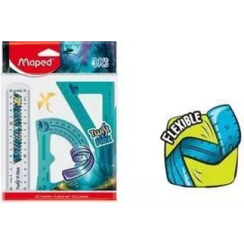 Maped Twist'n Flex Dragon geometriai készlet, 3 részes, rugalmas műanyag, törhetetlen, 15 cm vonalzó, 180° szögmérő, 45°/45°/90° derékszögű vonalzó 981898