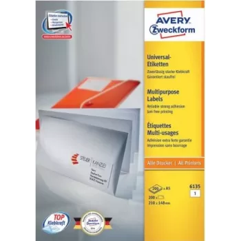 Avery 6135 fehér papír állandó ragasztós címkék A4 210 x 148 mm 200 címke