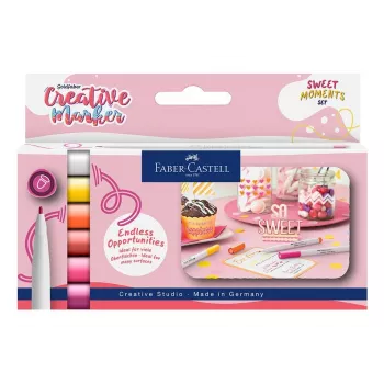 Faber-Castell Goldfaber Creative marker készlet, 6 szín, Sweet Moments, vízbázisú tinta, szagtalan, dörzsálló, kétvégű ecset és kerek hegy, újrahasználható tok 160602