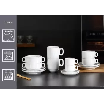 Ritzenhoff & Breker BIANCO fehér porcelán kávéscsészék, 245 ml, 6 darabos készlet, egymásra rakható, mosogatógépben és mikrohullámú sütőben használható 429848