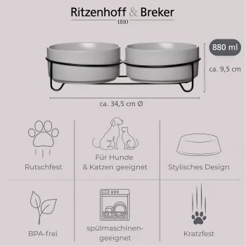 Ritzenhoff & Breker TARO dupla kutyatál készlet, 880 ml, szürke kőcserép fekete fémtartóval 450521