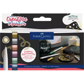 Faber-Castell Creative Marker Goldfaber Metallic Moments, 6 darabos szett, vízbázisú tinta, szagtalan, dörzsálló, különböző metál színek 161107