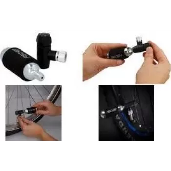FISCHER kerékpár kézi pumpa CO2-inflátorral, univerzális szelepfej Schrader, Dunlop, Presta, 8 bar, fekete/ezüst 50392