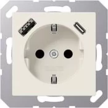 JUNG A 1520-15 CA SCHUKO-aljzat 16 A 250 V USB-töltővel 1 x Type-A + 1 x Type-C, Safety Plus, AS sorozat, fehér (ivory)